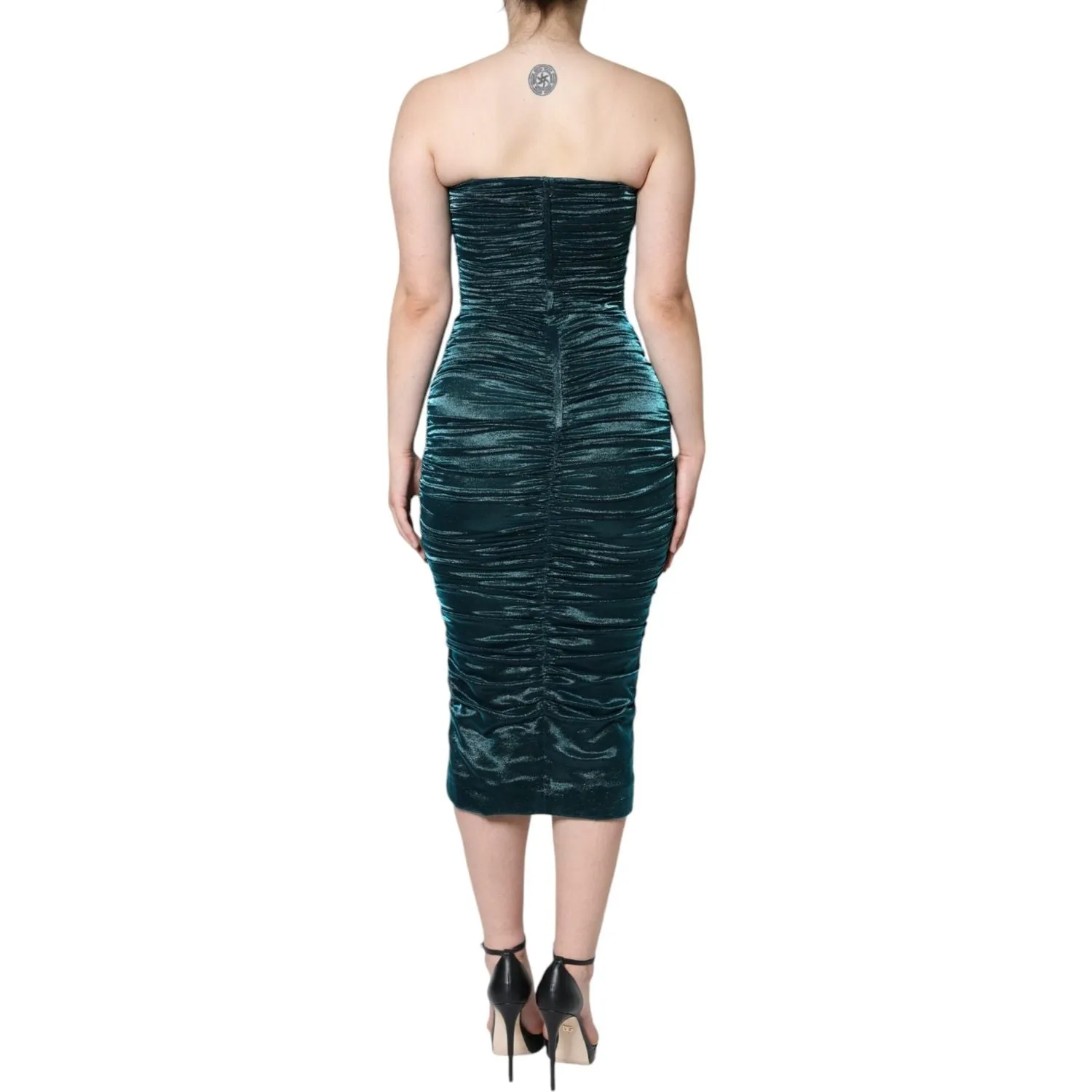 Dolce & Gabbana Green Silk Blend Satin Fitted Strapless Dress