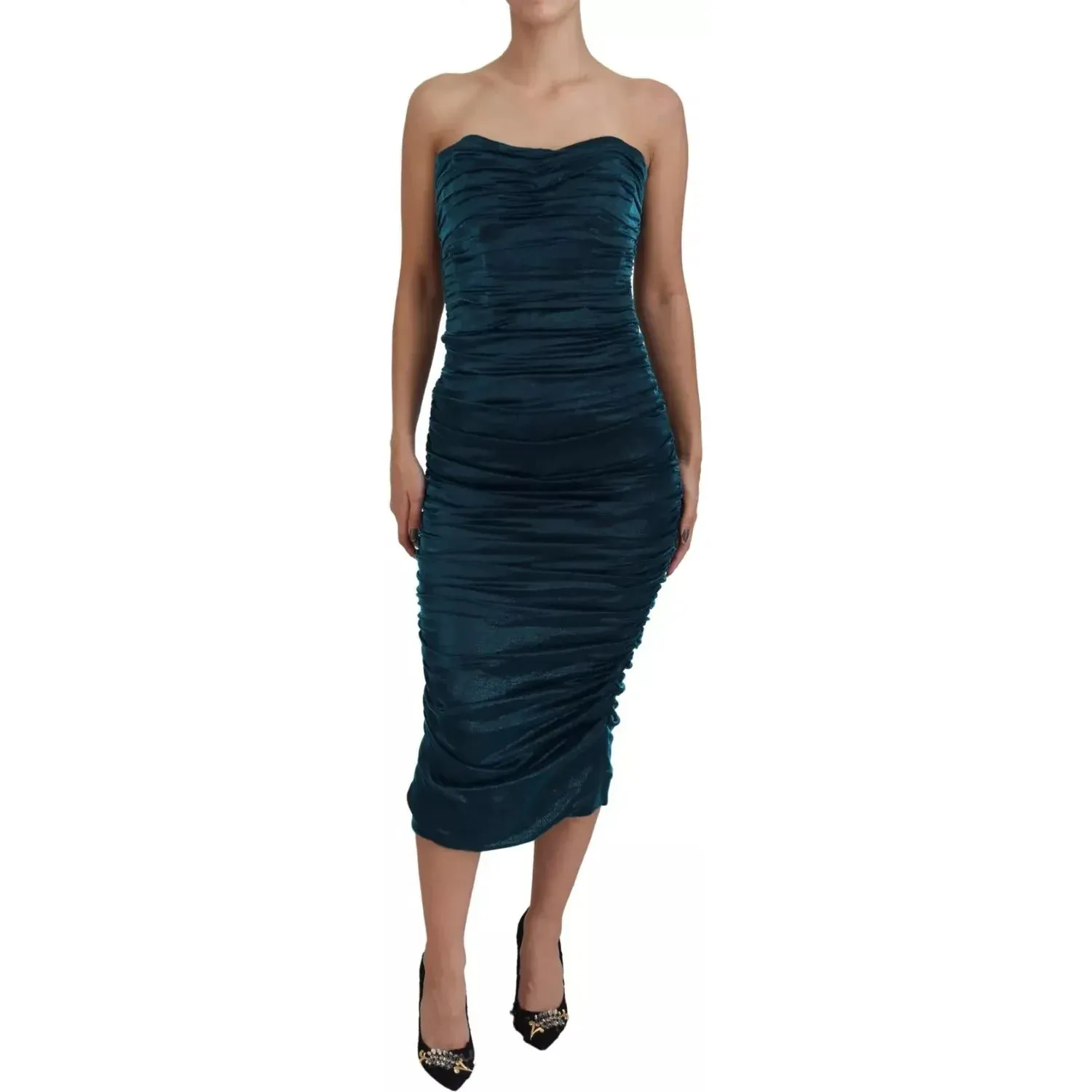 Dolce & Gabbana Silk Blend Blue Satin Fitted Strapless Dress