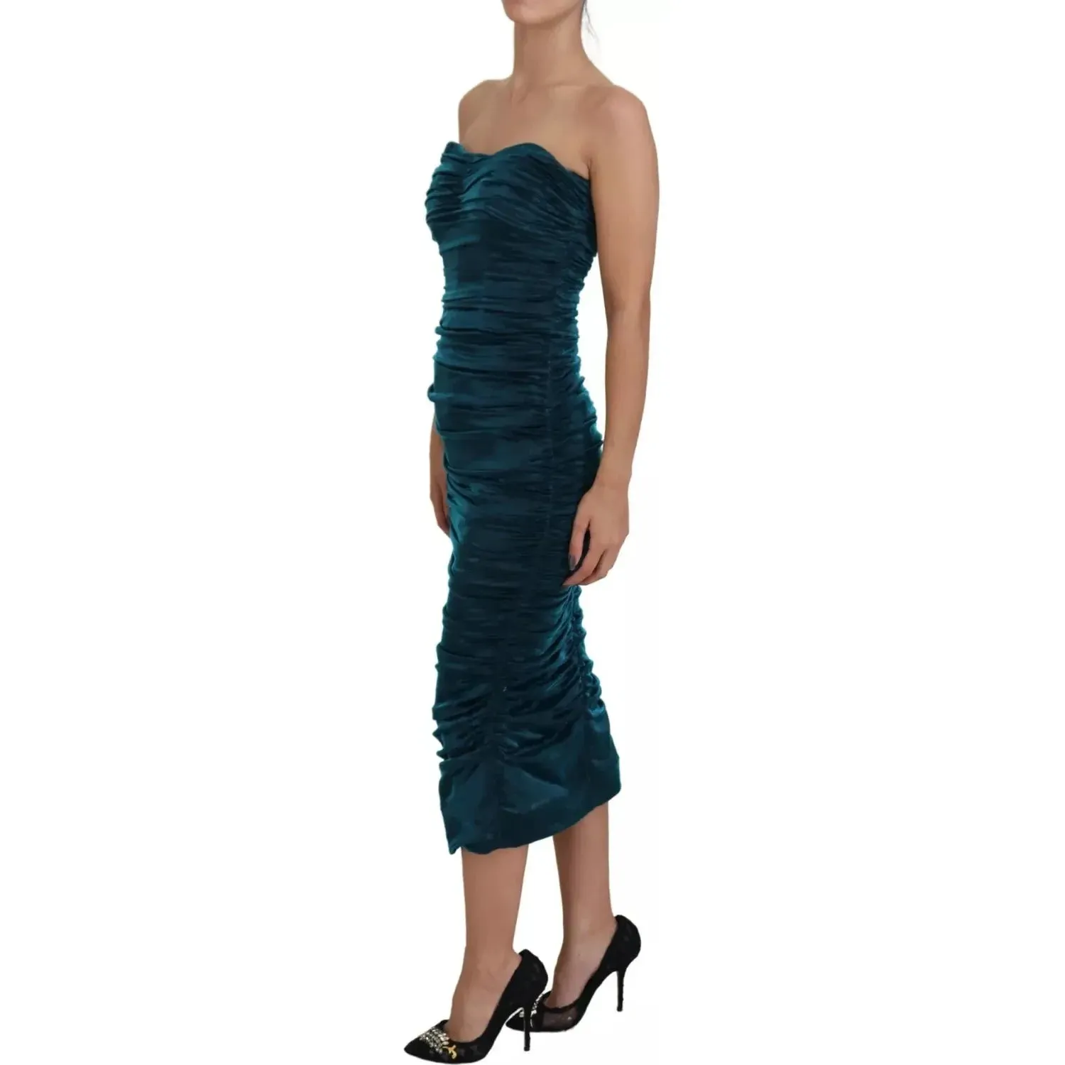 Dolce & Gabbana Silk Blend Blue Satin Fitted Strapless Dress