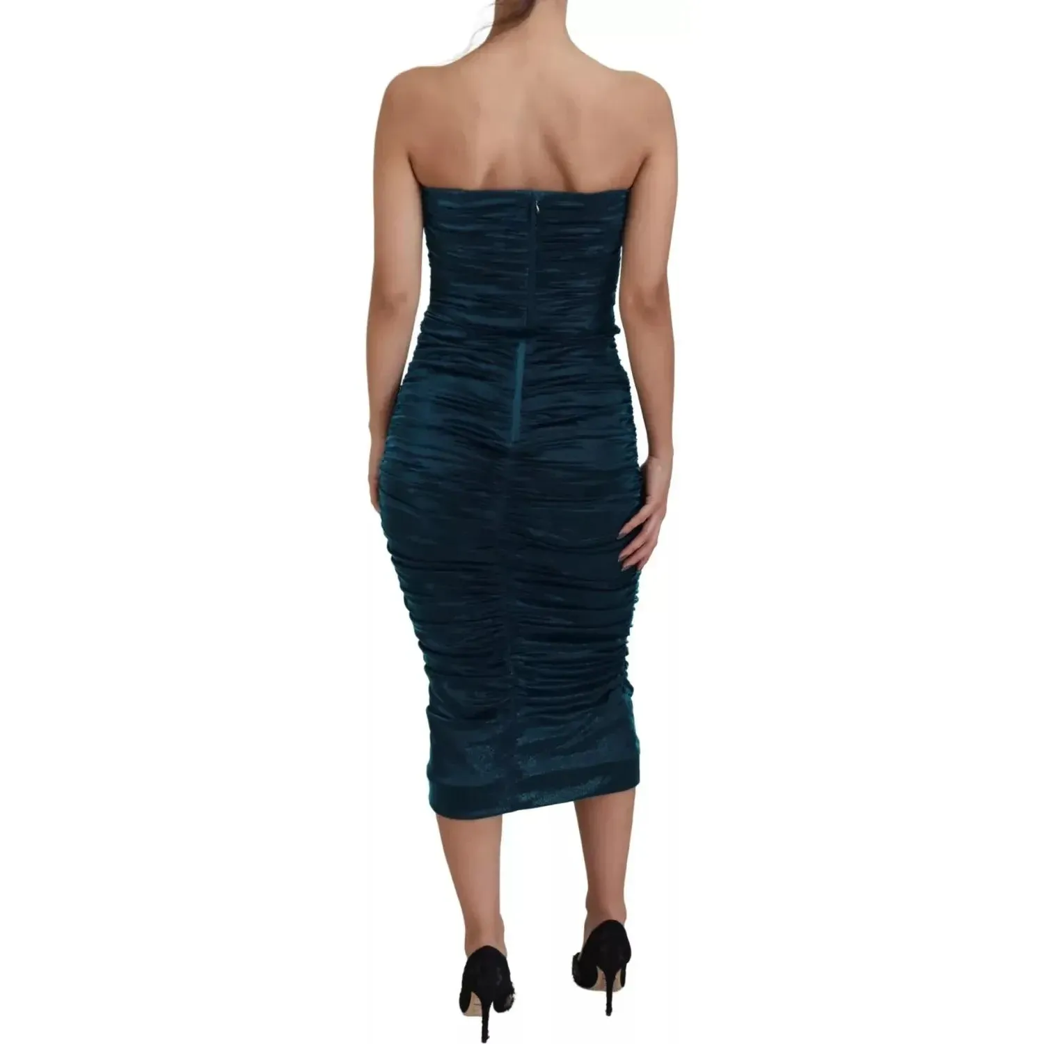 Dolce & Gabbana Silk Blend Blue Satin Fitted Strapless Dress