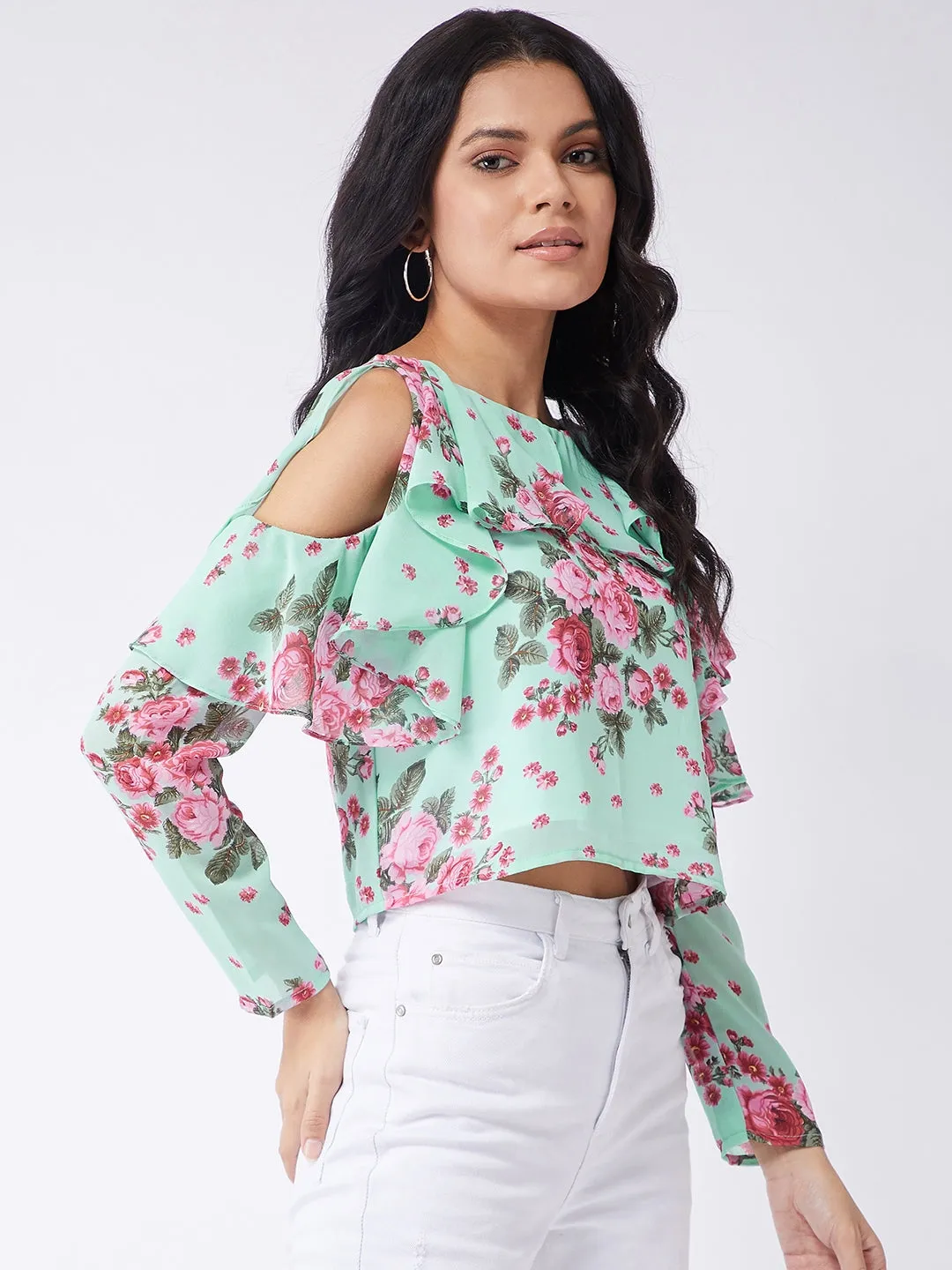 Floral Ruffle Cold-Shoulder Top