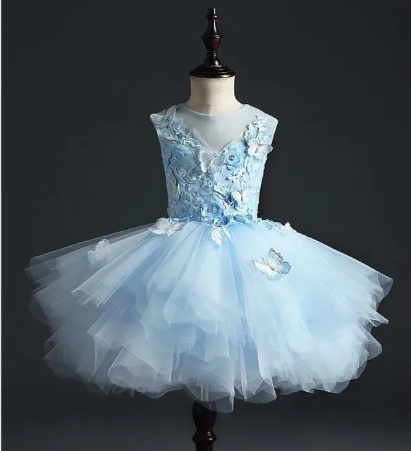 Flower Girl Dress For Wedding - Appliques Blue Tulle