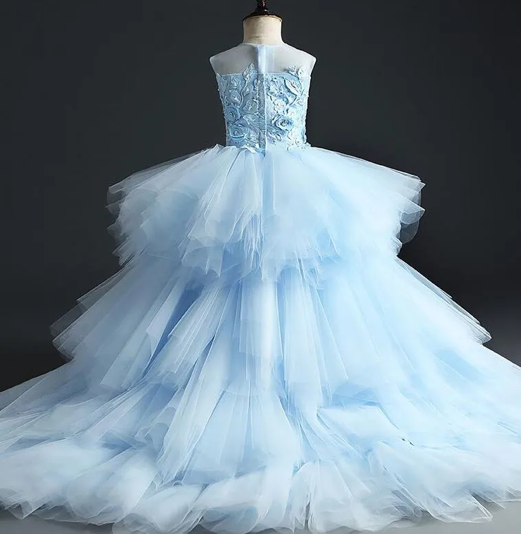 Flower Girl Dress For Wedding - Appliques Blue Tulle