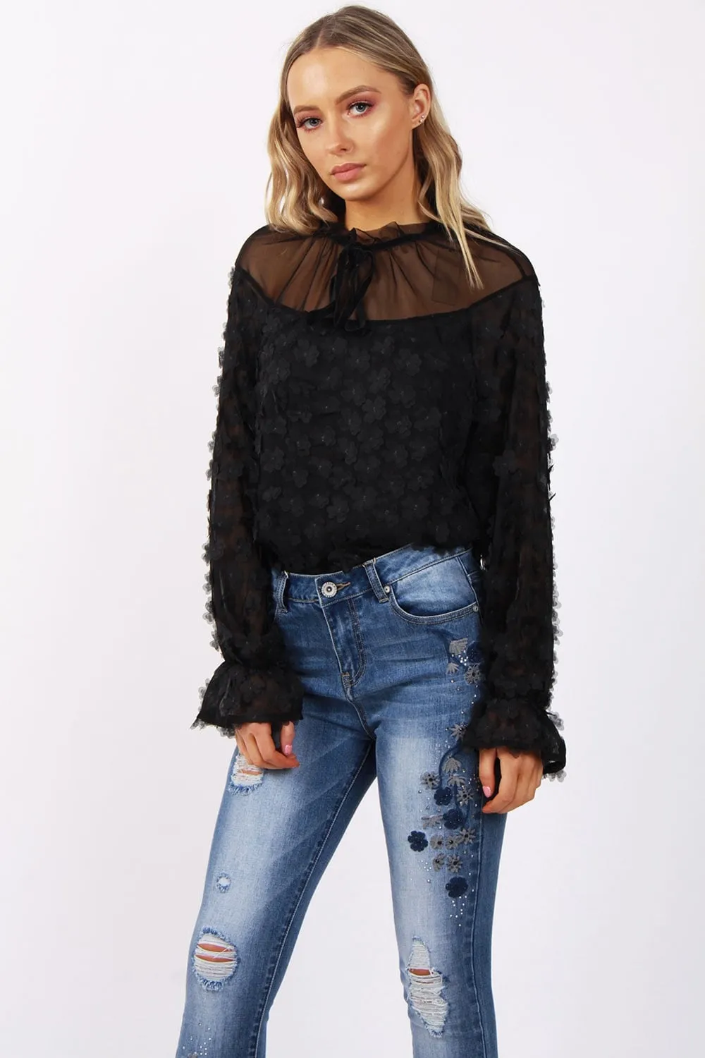 Flower Layered 3D Applique Ruffle Tie Neck Top