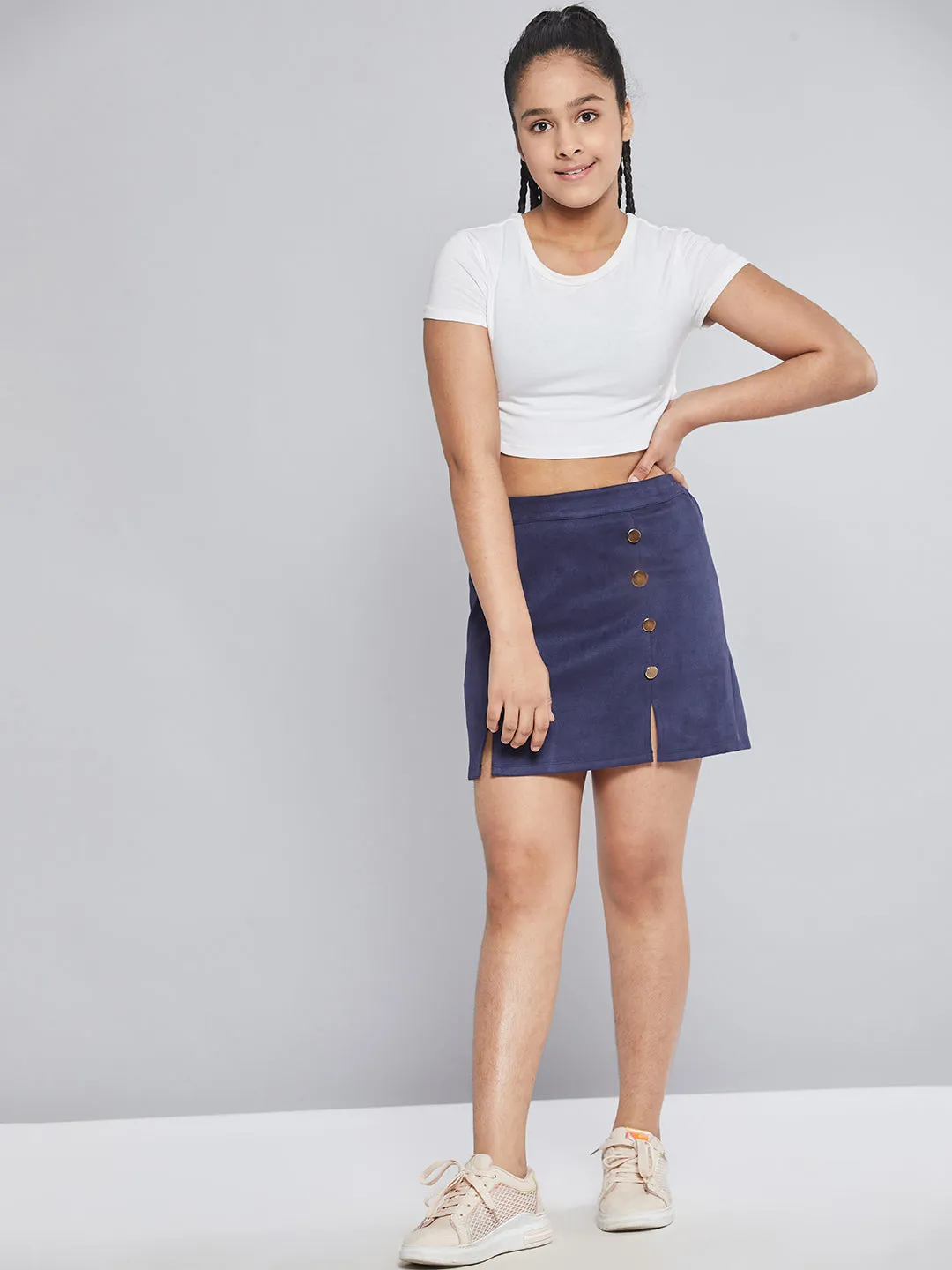 Girls Navy Suede Show Button A-Line Skirt