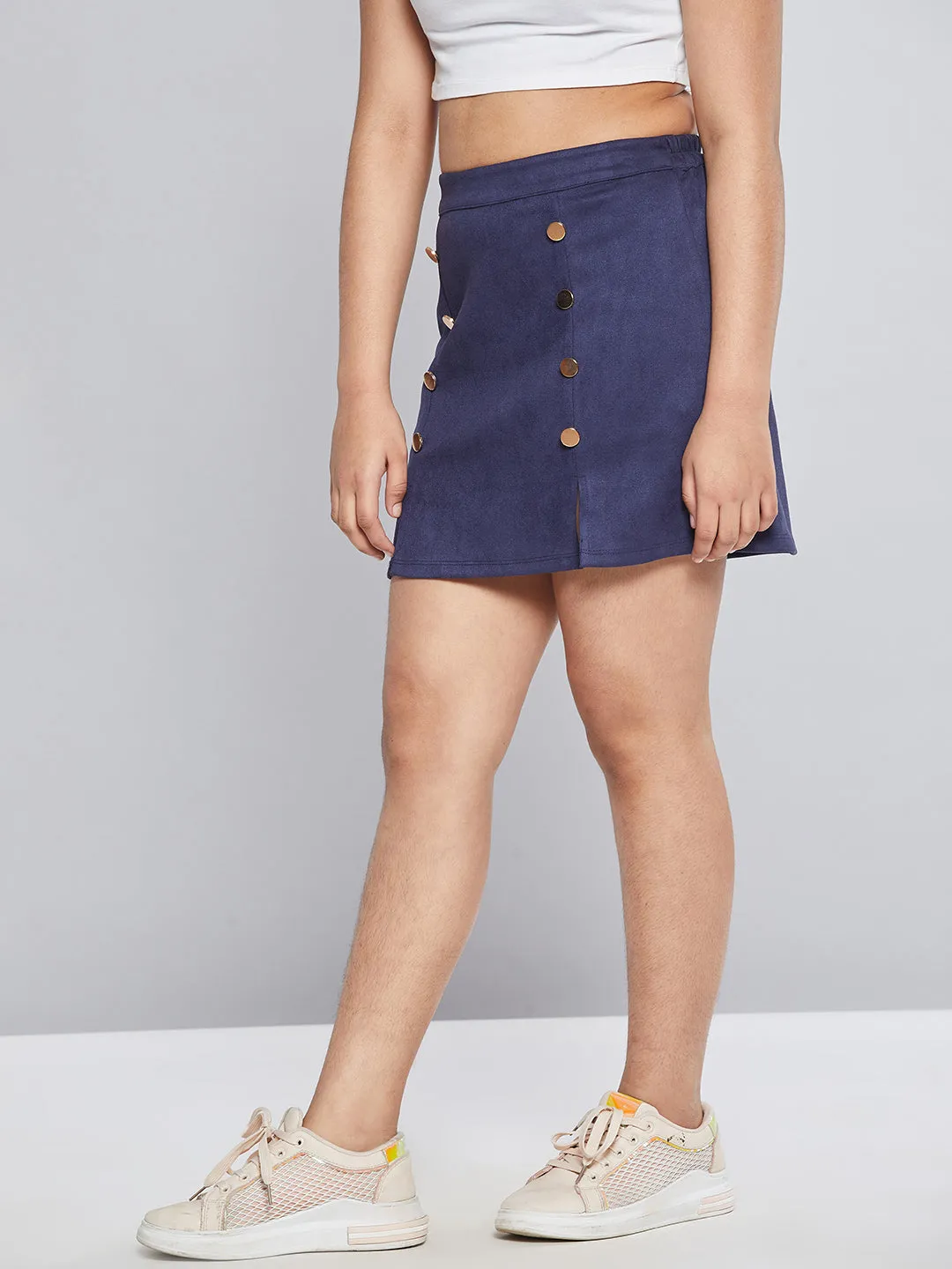 Girls Navy Suede Show Button A-Line Skirt