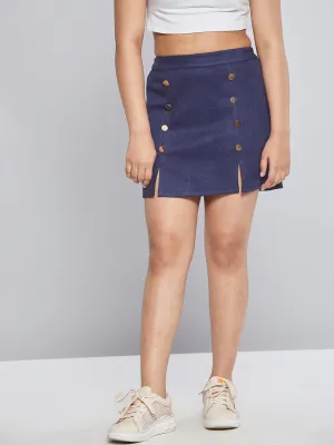 Girls Navy Suede Show Button A-Line Skirt