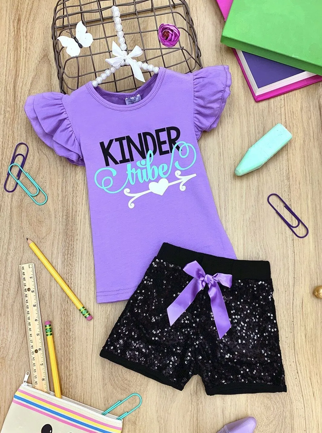 Girls "Kinder Tribe" Ruffled Top and Sequin Bow Shorts Set