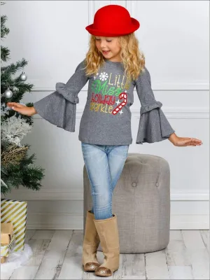 Girls "Little Miss Holiday Sparkle" Ruffled Bell Sleeve Top