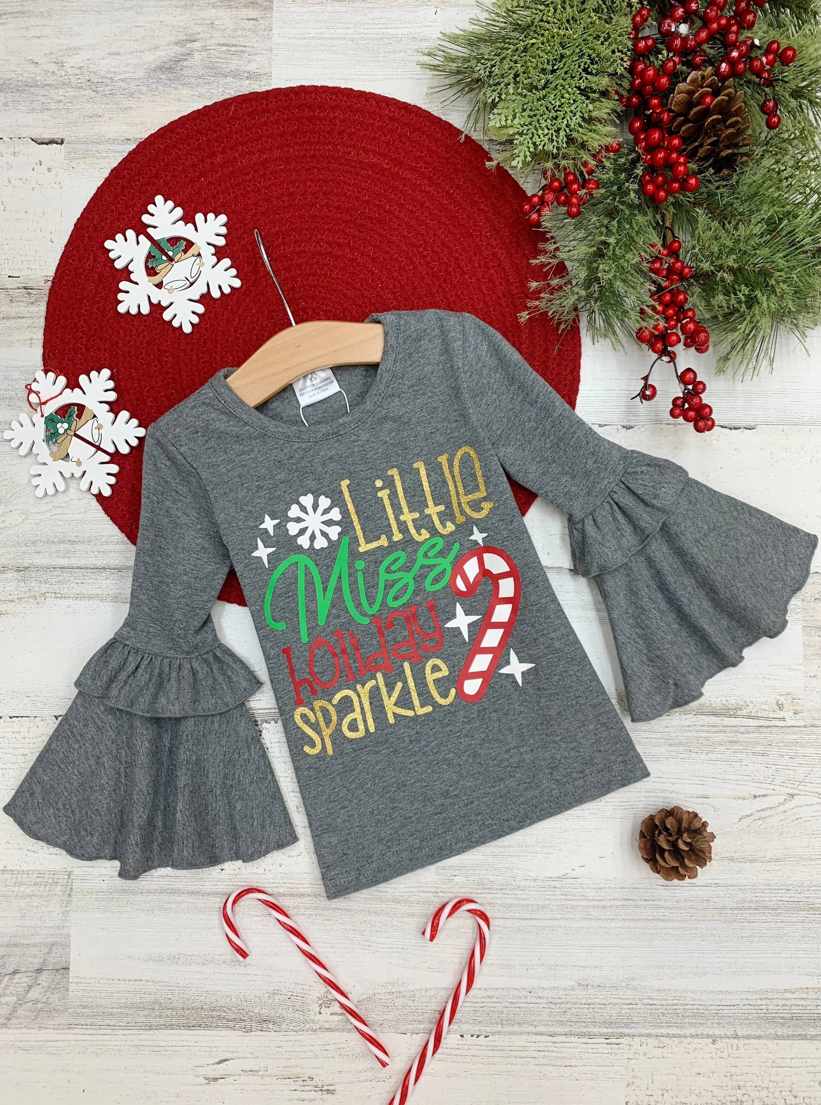 Girls "Little Miss Holiday Sparkle" Ruffled Bell Sleeve Top