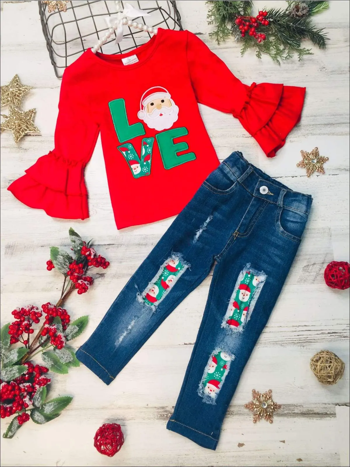 Girls "Love" Santa Ruffled Top and Ripped Jeans Set