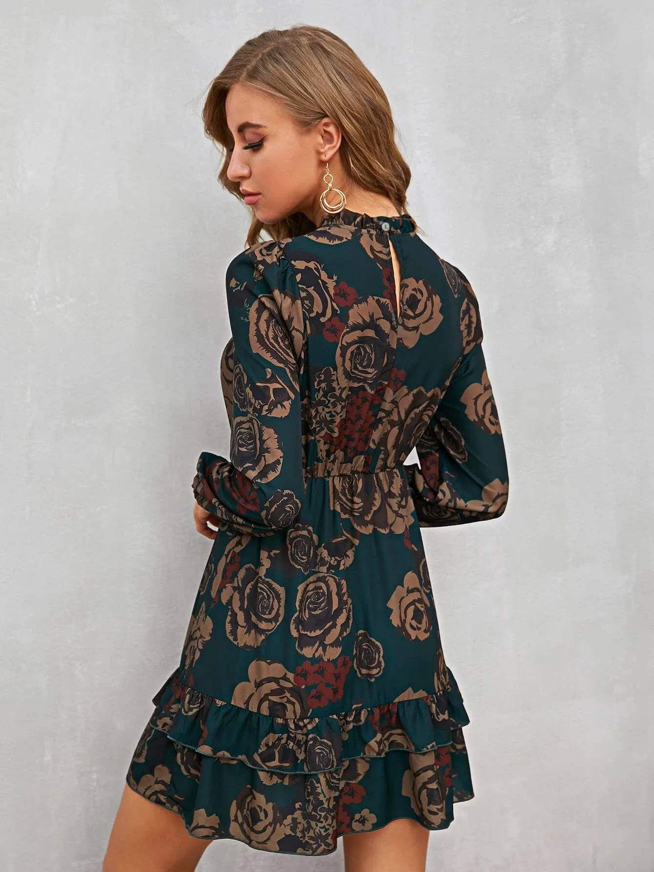 GRECIILOOKS Rayon Knee-Length Women-Printed A-Line Midi Western V Neck Puff Sleeve Dress Girls Suitable for Function, Outdoor, Birthday, Event, Office (GL-WD-1036_Green_M)