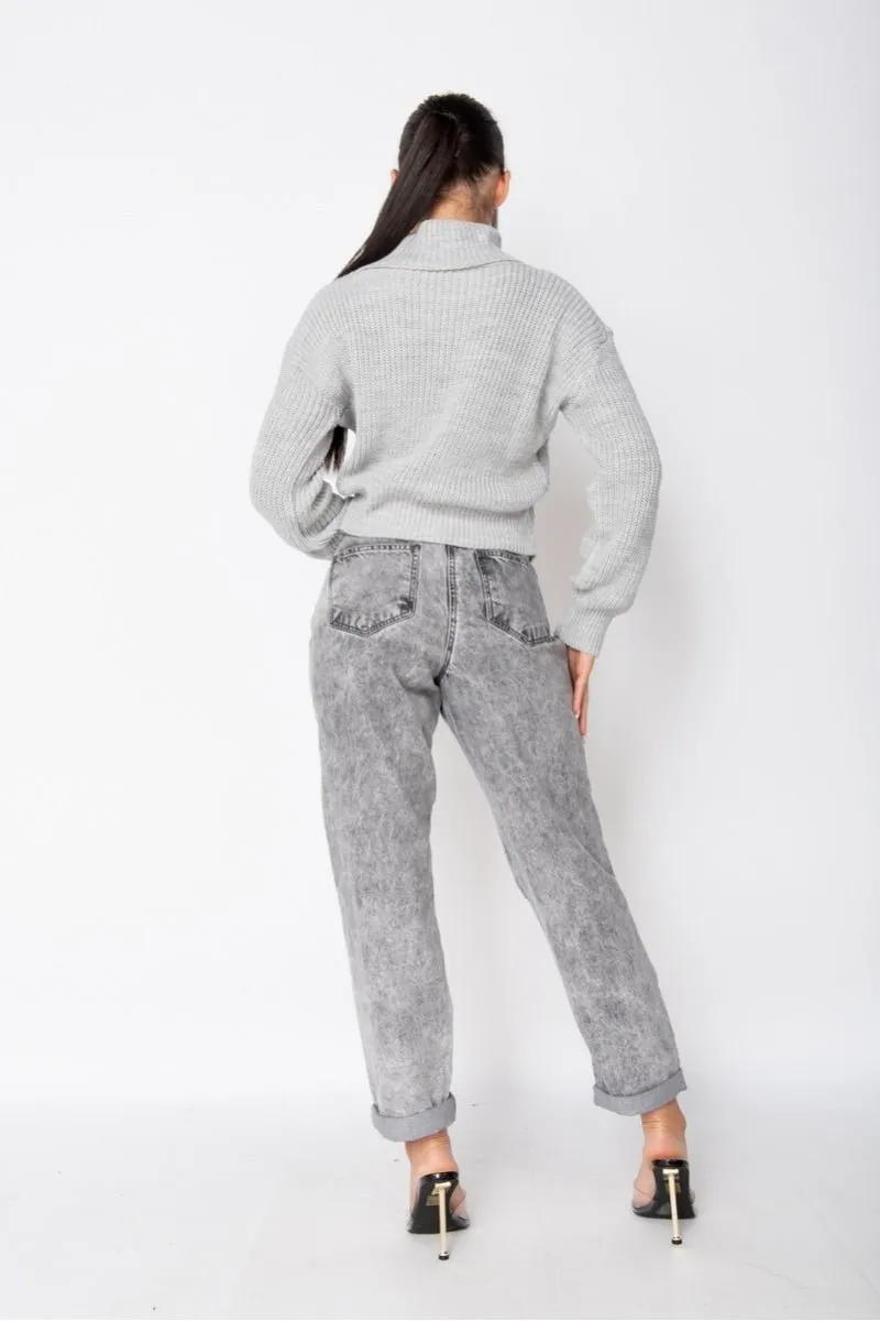 Grey Turtle Neck Rib Knit Jumper