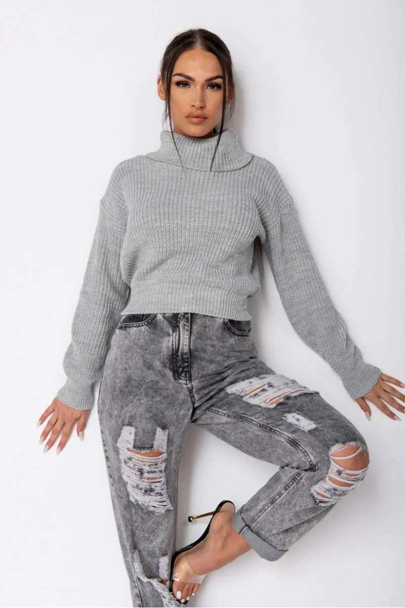 Grey Turtle Neck Rib Knit Jumper