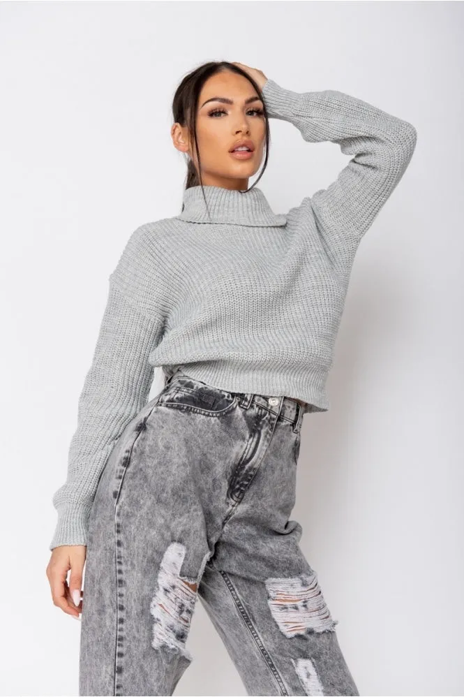 Grey Turtle Neck Rib Knit Jumper