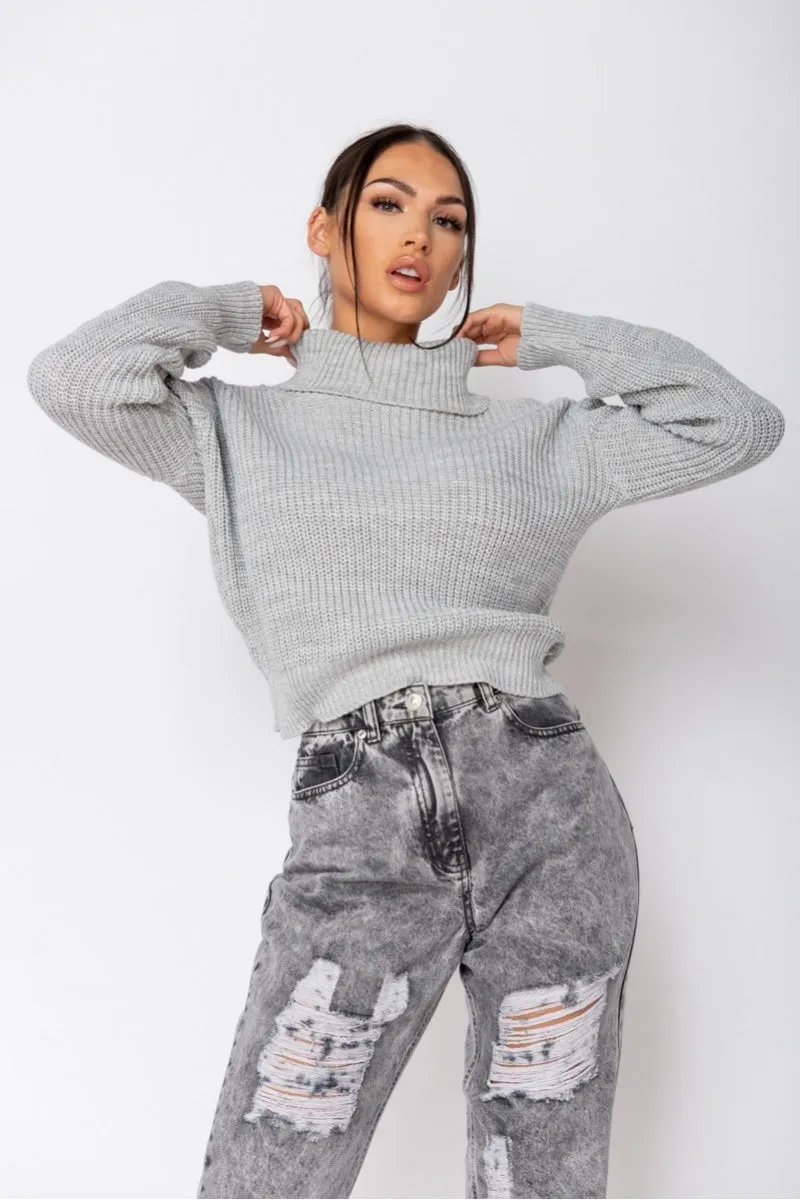 Grey Turtle Neck Rib Knit Jumper