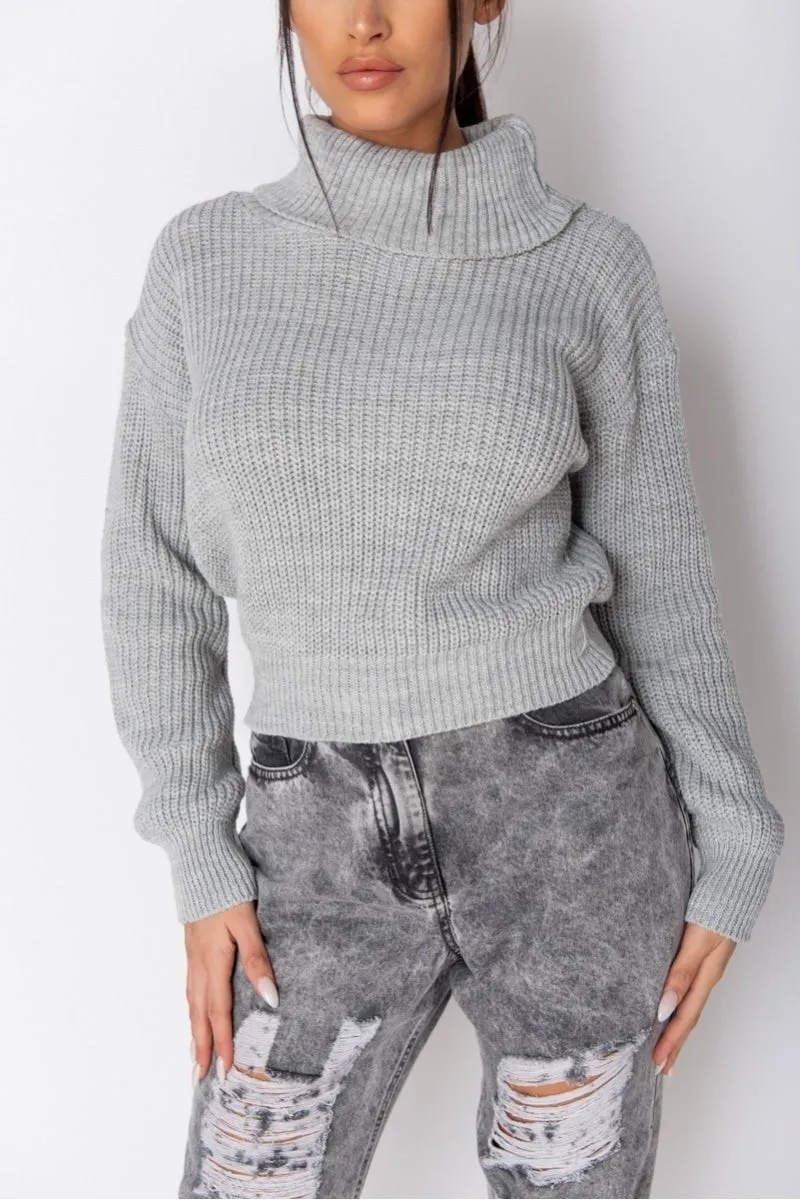 Grey Turtle Neck Rib Knit Jumper