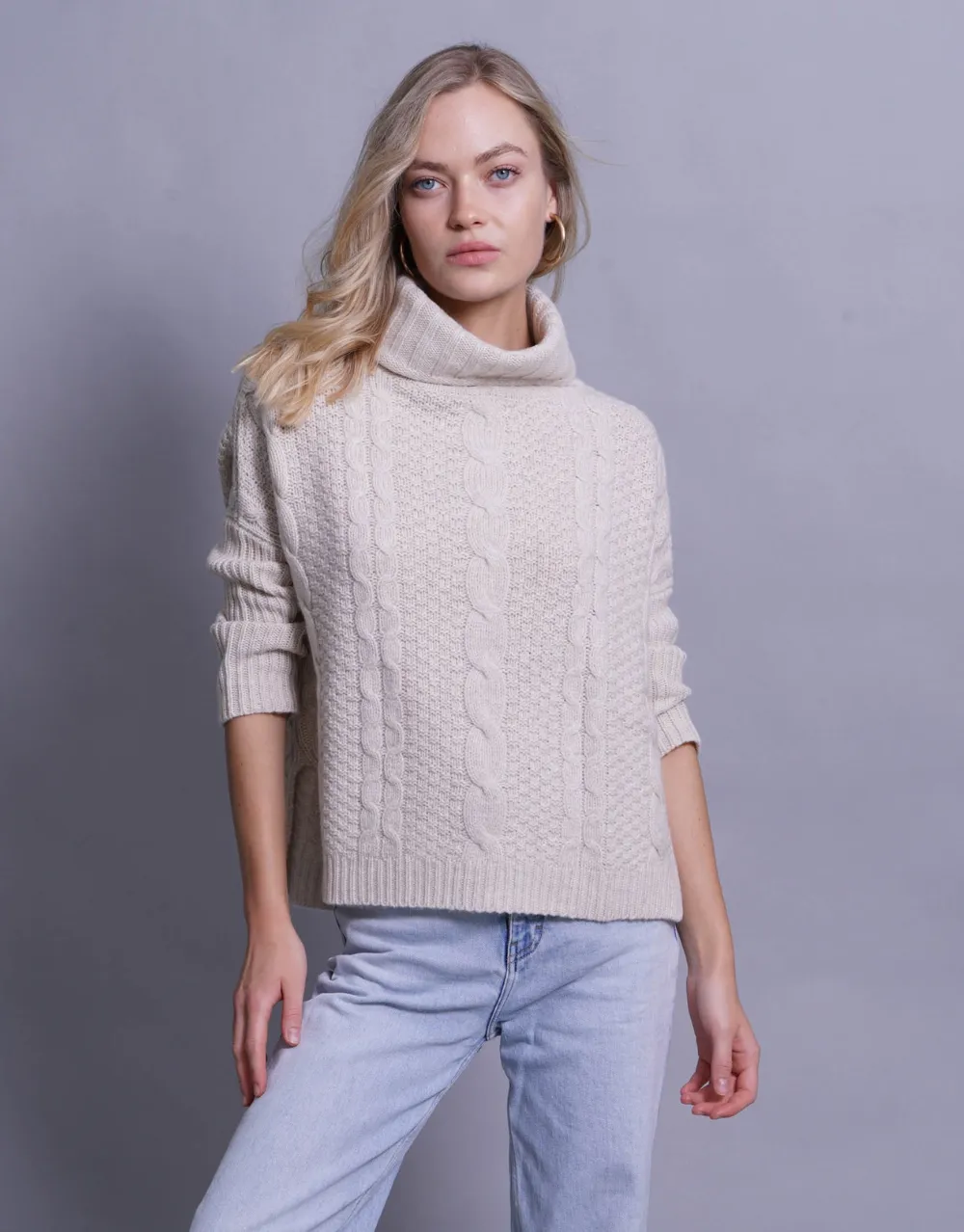 Handknitted Chunky Cable Pullover in Soft Beige