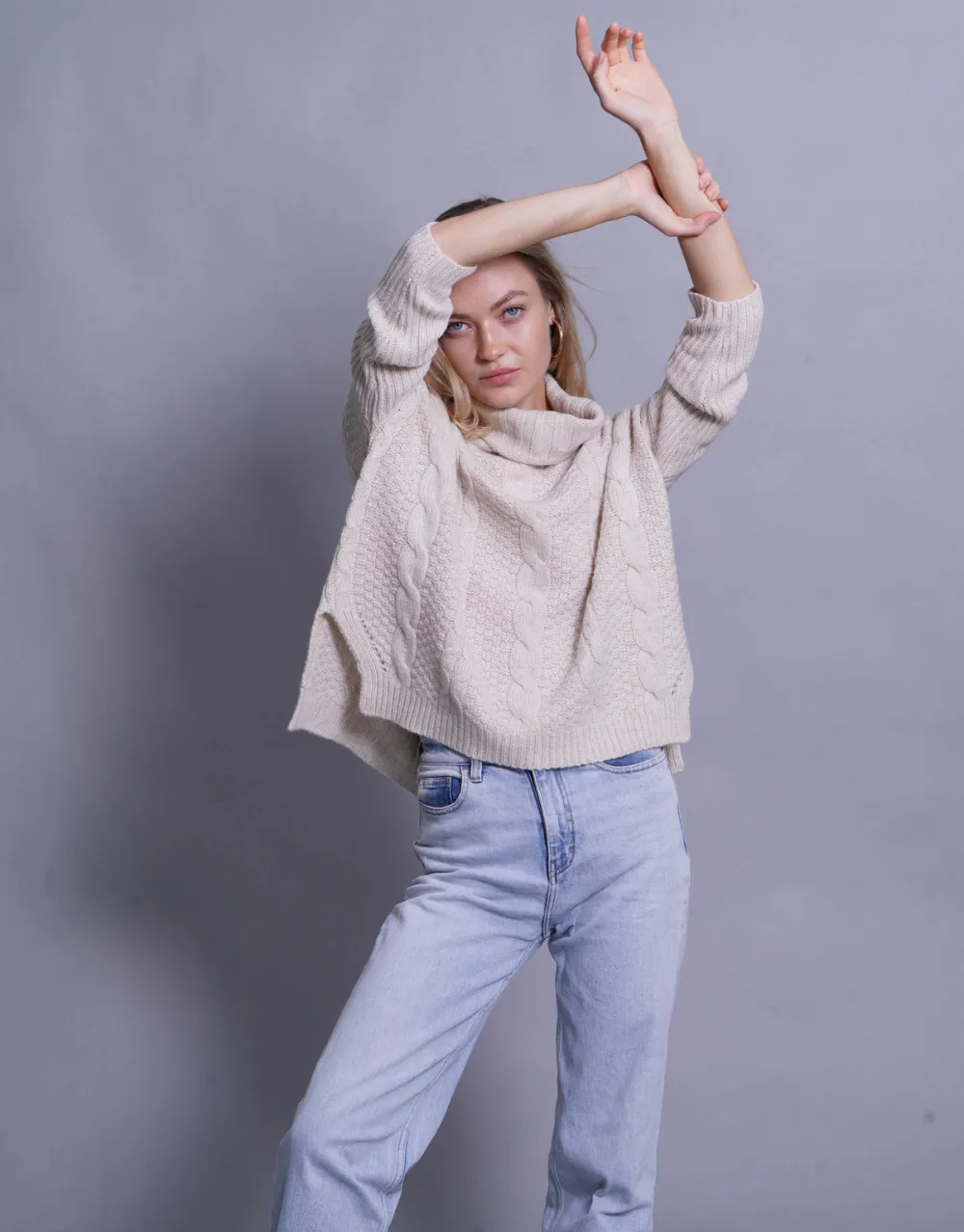 Handknitted Chunky Cable Pullover in Soft Beige