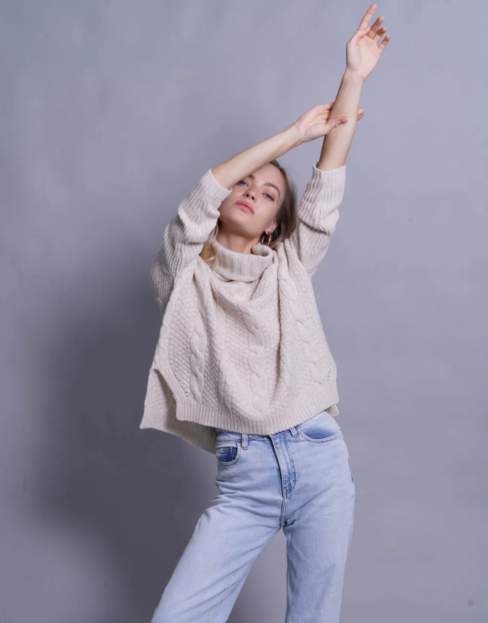 Handknitted Chunky Cable Pullover in Soft Beige