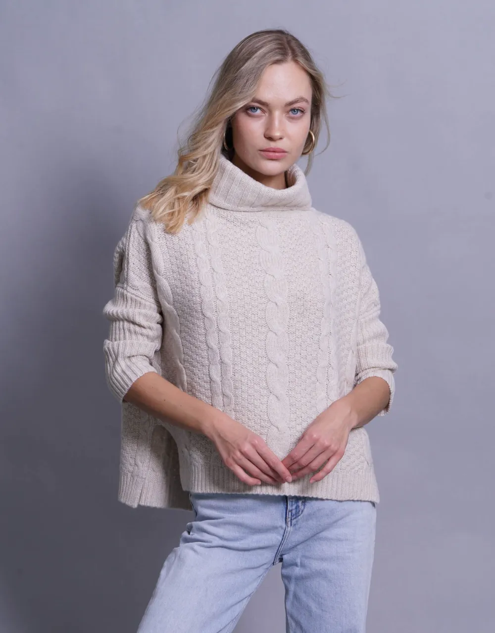 Handknitted Chunky Cable Pullover in Soft Beige