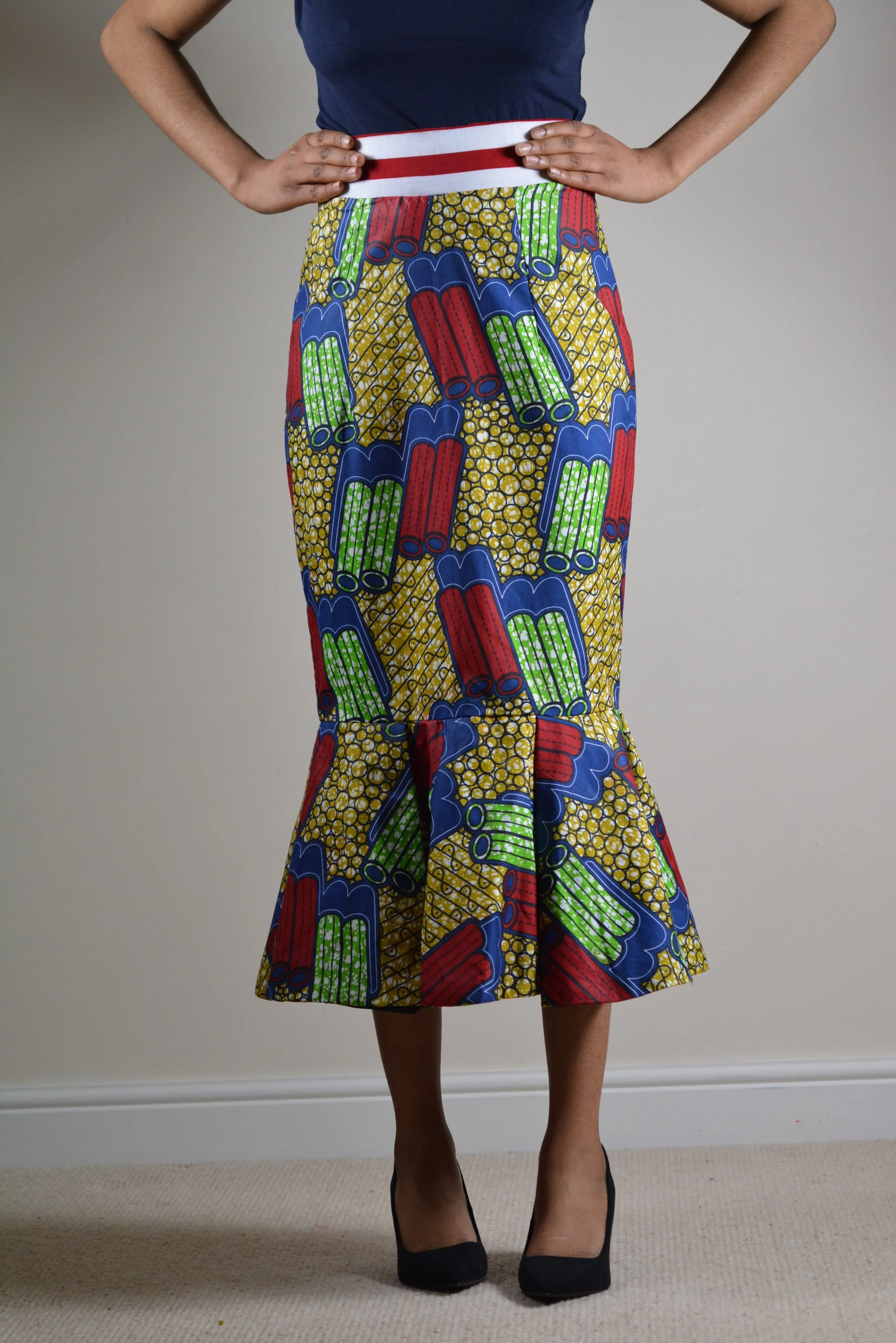 High Waist Flared Pencil Midi Skirt - Ankara Print Fabric