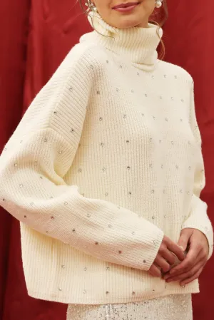 Ivory Rhinestone Embellished Turtleneck Sweater