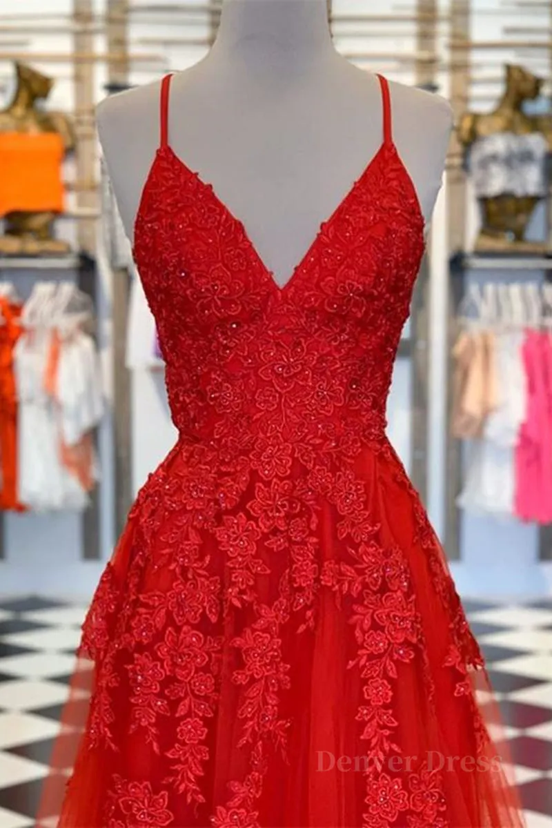 kamahe A Line Spaghetti Straps V Neck Red Lace Long Prom Dress, Red Lace Formal Dress, Red Evening Dress