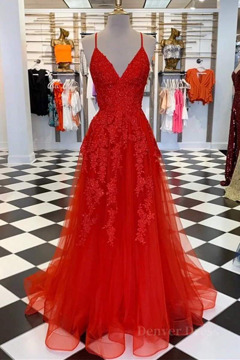 kamahe A Line Spaghetti Straps V Neck Red Lace Long Prom Dress, Red Lace Formal Dress, Red Evening Dress