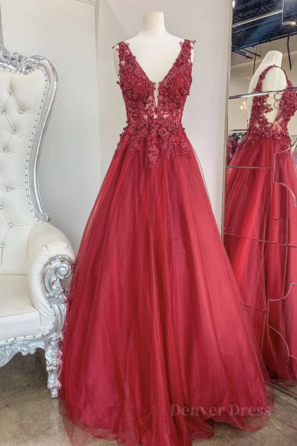 kamahe A Line V Neck and V Back Red Lace Floral Long Prom Dress, Open Back 3D Flowers Red Lace Formal Evening Dress