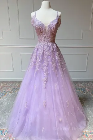 kamahe Purple v neck tulle lace long prom dress purple lace formal dress