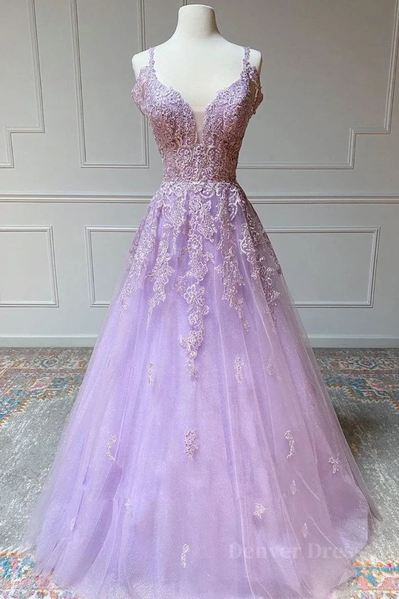 kamahe Purple v neck tulle lace long prom dress purple lace formal dress