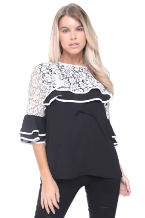 Lace Ruffle 3/4 Sleeve Blouse Top