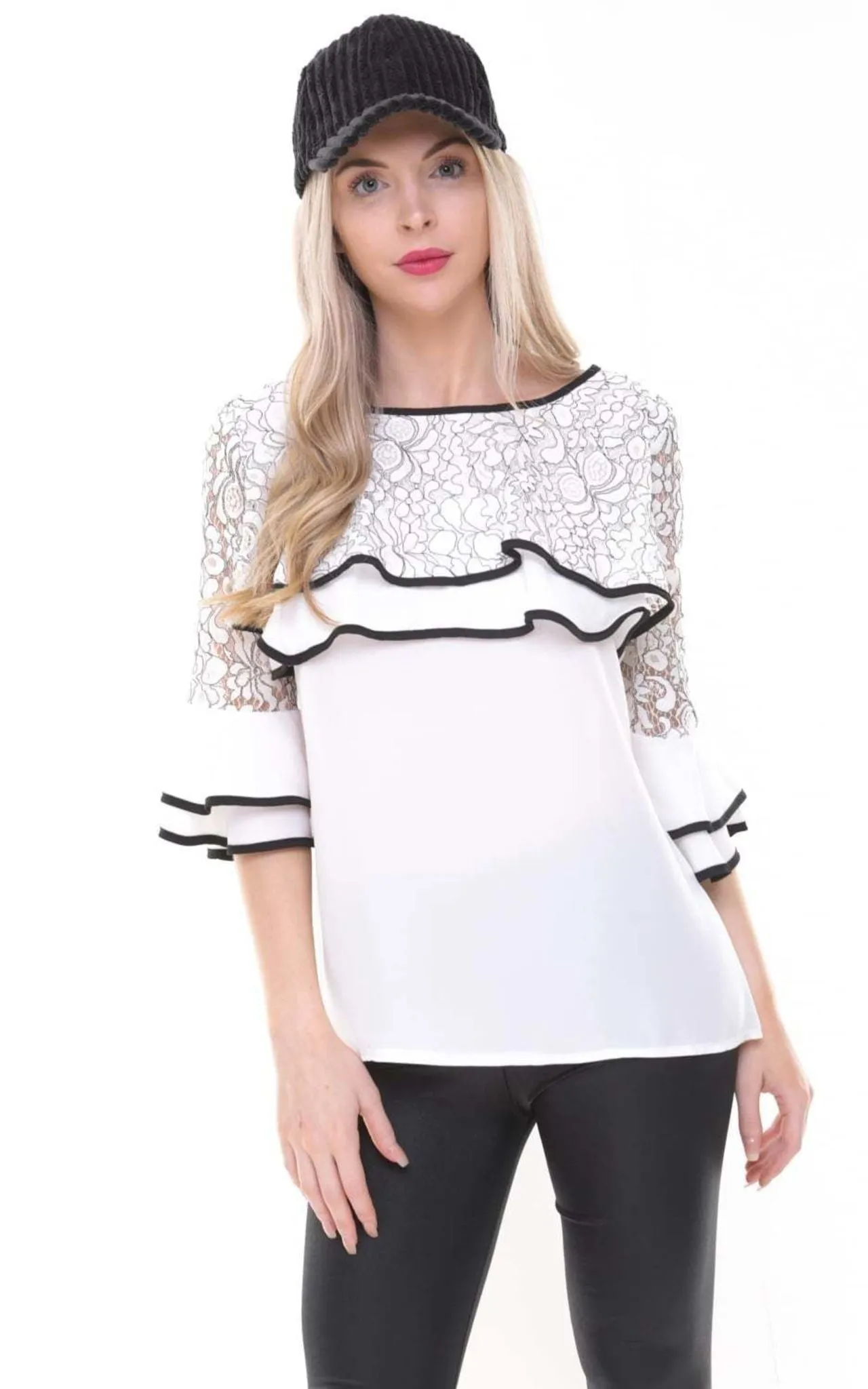 Lace Ruffle 3/4 Sleeve Blouse Top