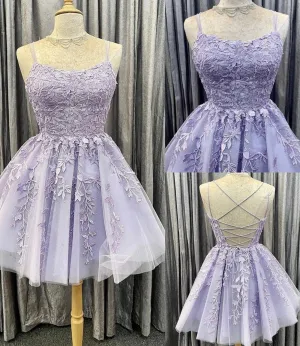 Lavender Homecoming Dress, Lace Short A line Homecoming Dresses Fancy Cocktail Dresses