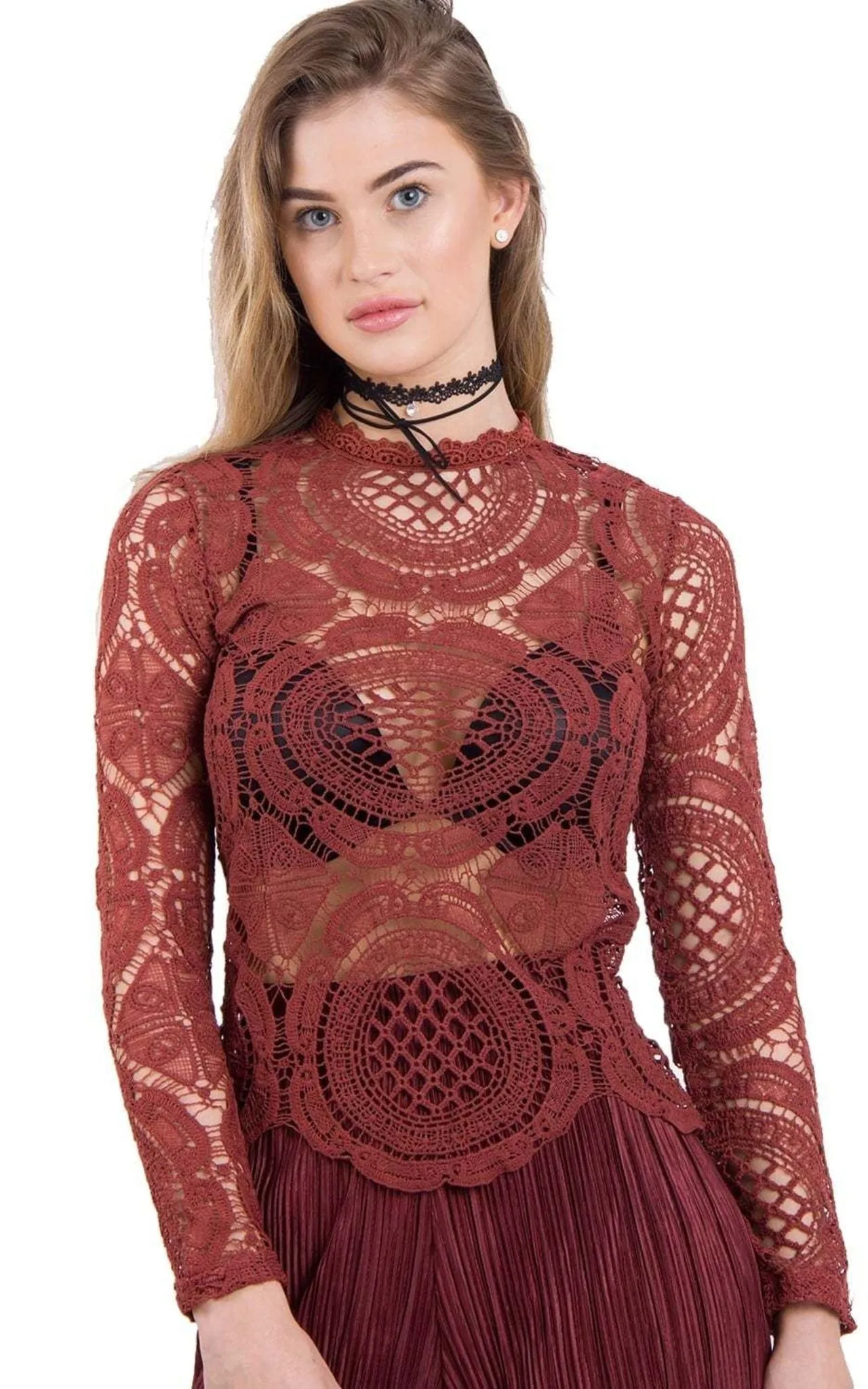 Long Sleeve Lace Crochet Top With Back Zip