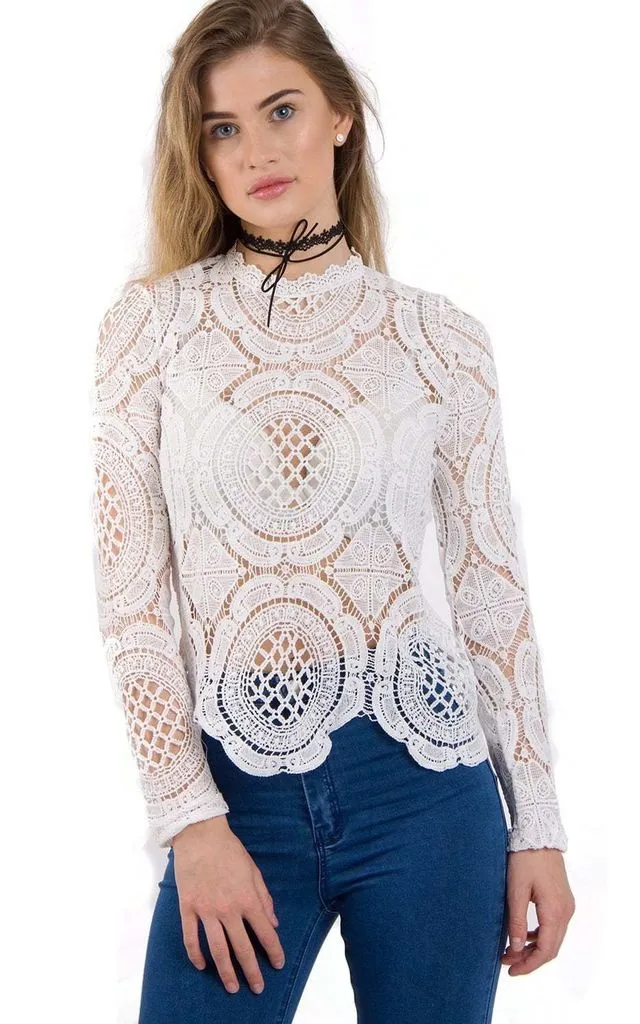 Long Sleeve Lace Crochet Top With Back Zip