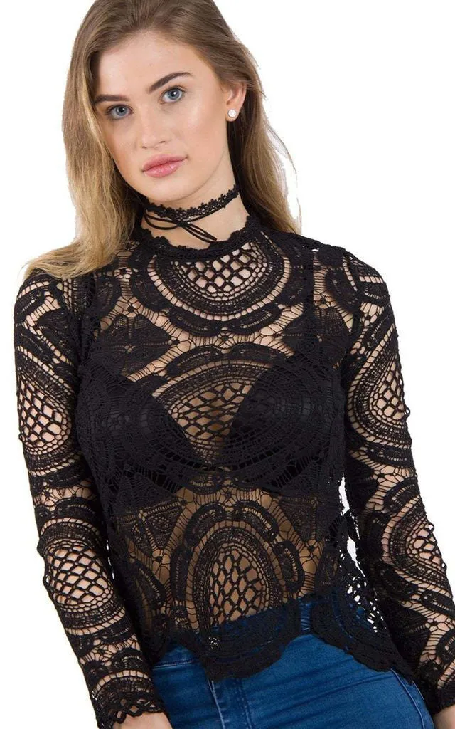 Long Sleeve Lace Crochet Top With Back Zip