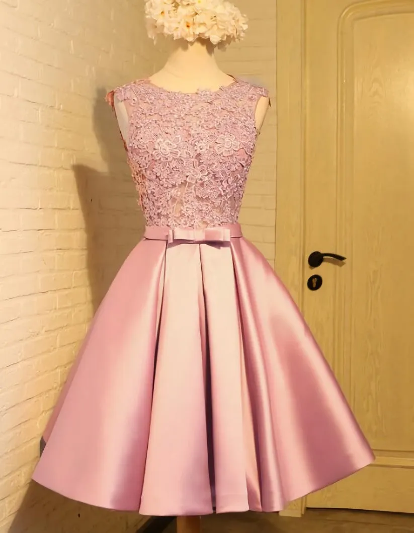 Lovely Pink Satin and Lace Homecoming Dress, Lovely Formal Dress