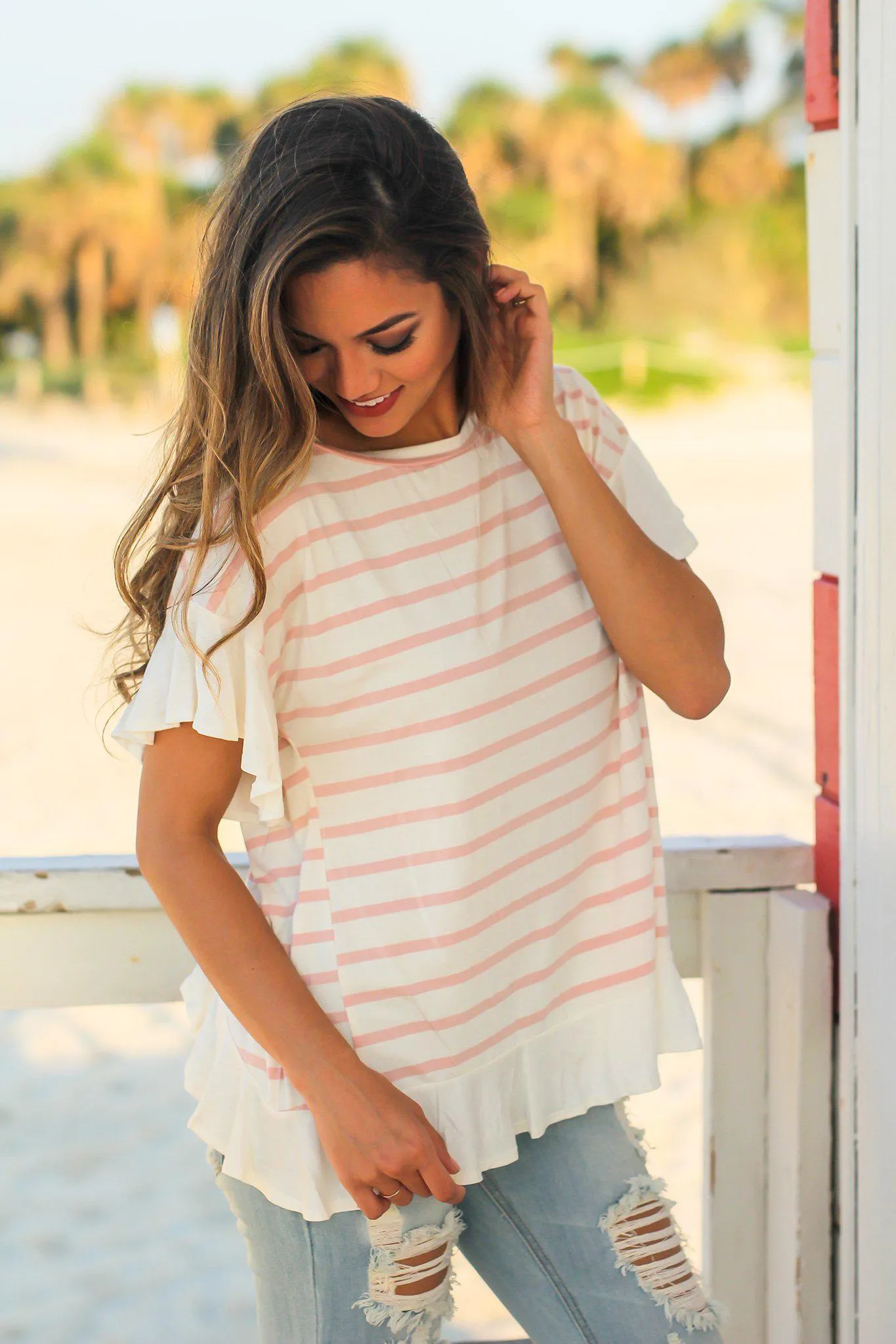 Mauve and Cream Striped Top with Ruffled Bottom