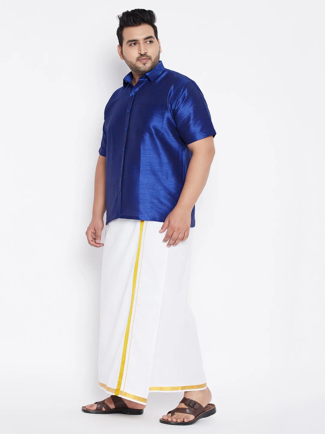 Men's Plus Blue And White Silk Blend Shirt And Mundu Set - Vastramay