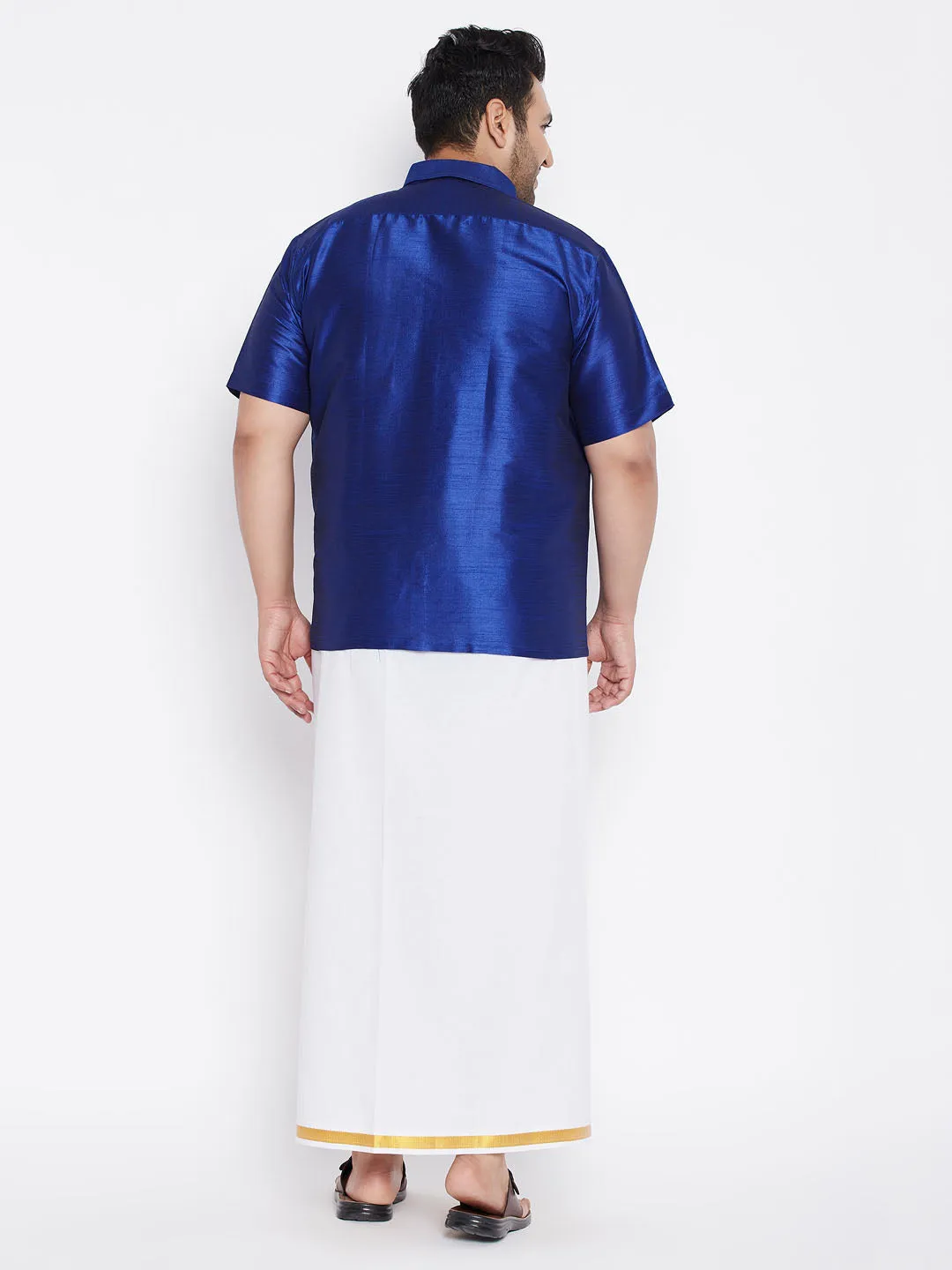 Men's Plus Blue And White Silk Blend Shirt And Mundu Set - Vastramay