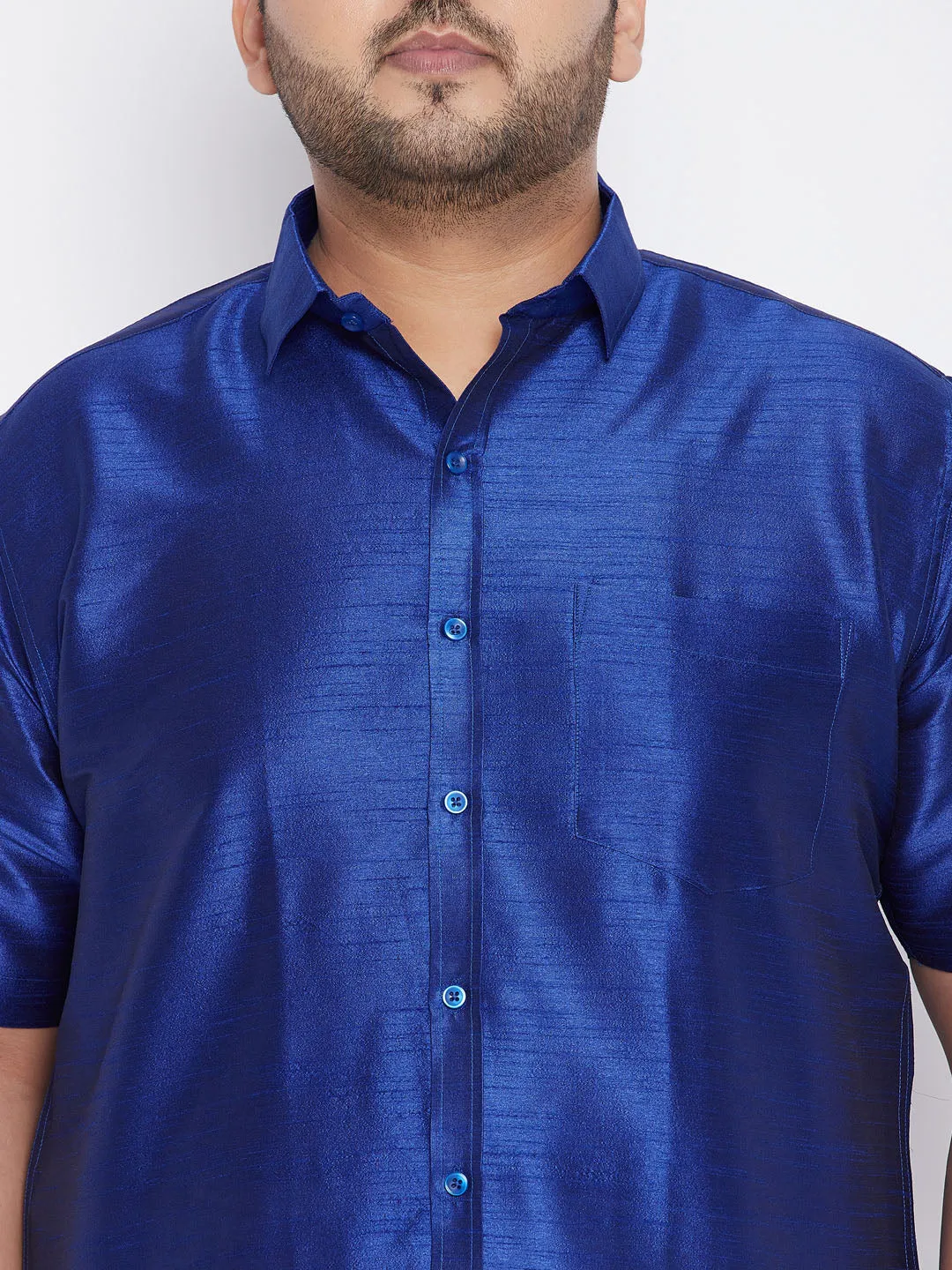 Men's Plus Blue And White Silk Blend Shirt And Mundu Set - Vastramay