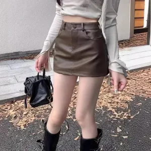 Mini High-waisted Brown A-line Leather Skirt