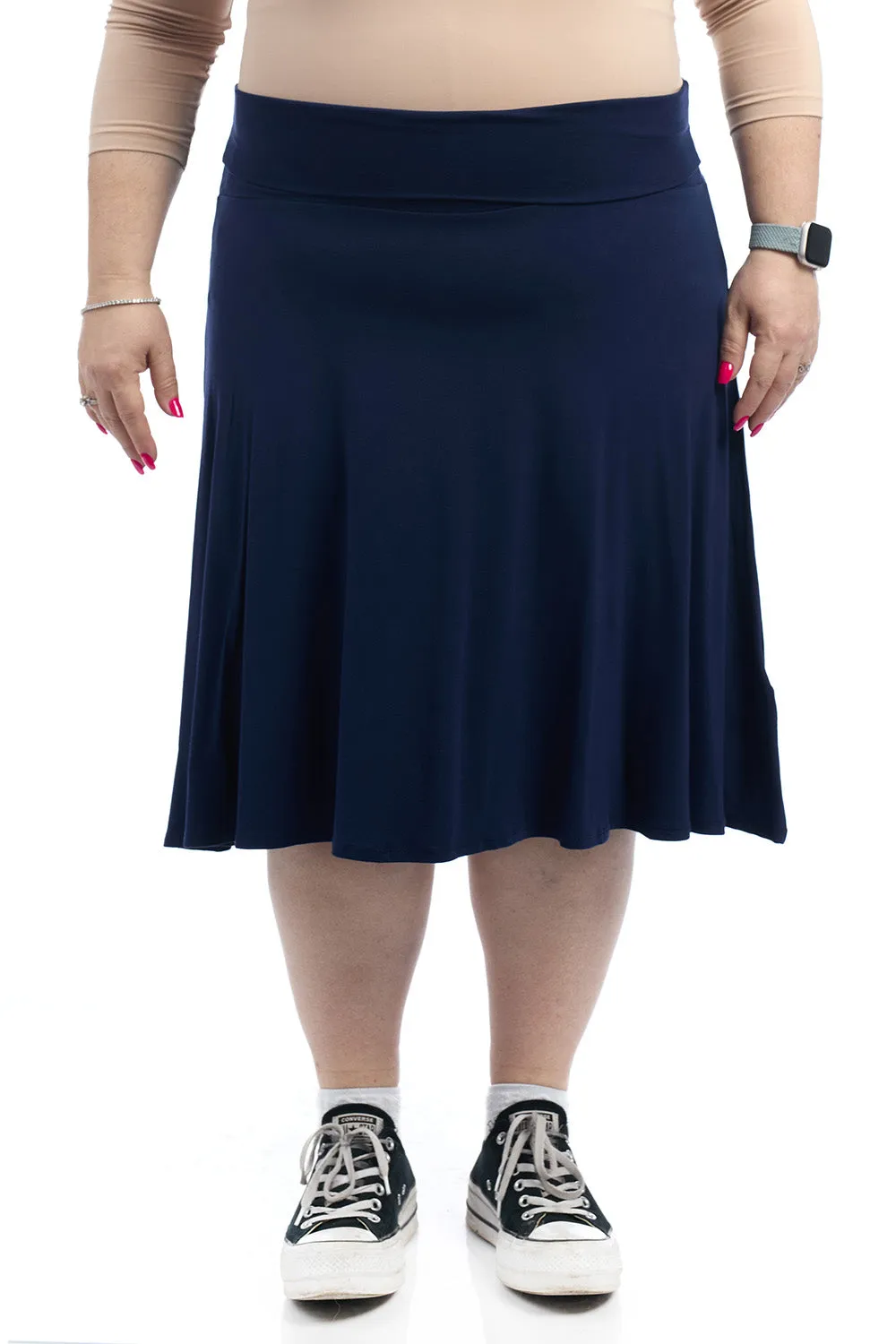 Navy Below Knee Length Midi Fold Over Flary A-Line Skirt 'Playa'