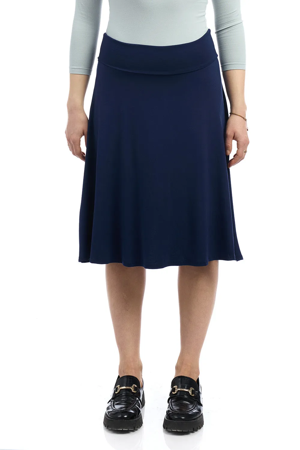 Navy Below Knee Length Midi Fold Over Flary A-Line Skirt 'Playa'