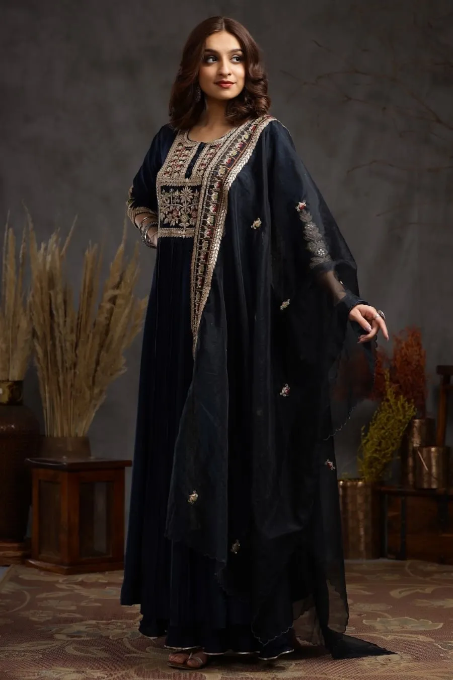 Navy blue Modal Silk Long Enkle Length Stylish Dress And Dupatta With Embroidery