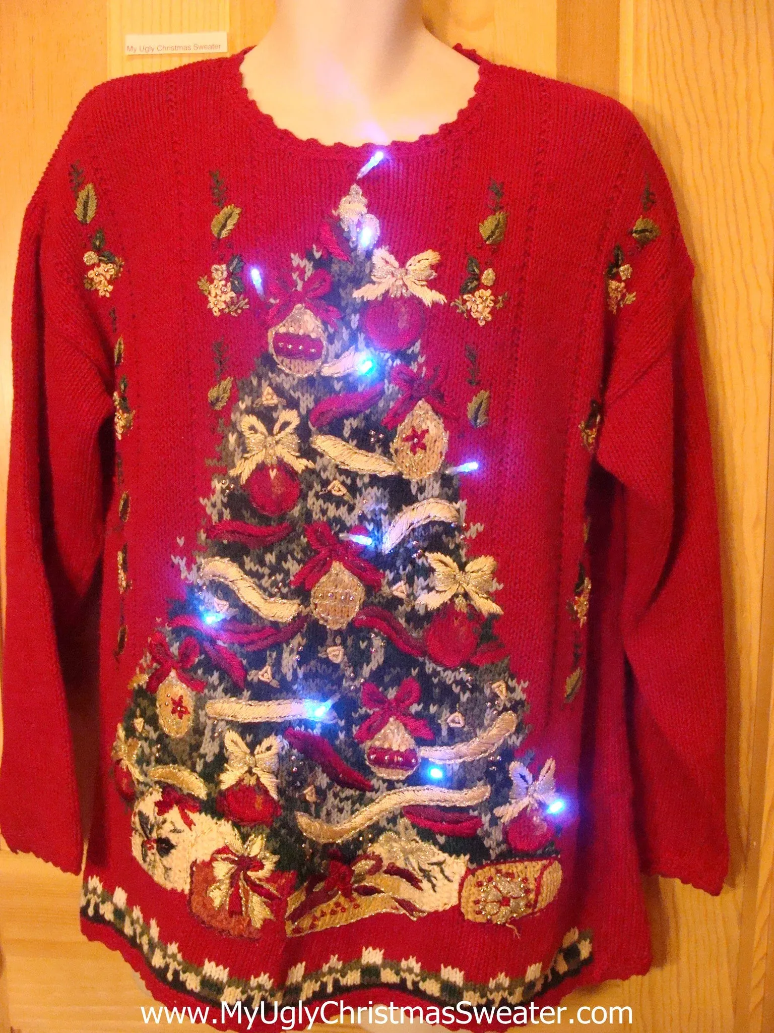 Need to Buy Christmas Sweaters? Red Light Up Sweater with Huge Tree