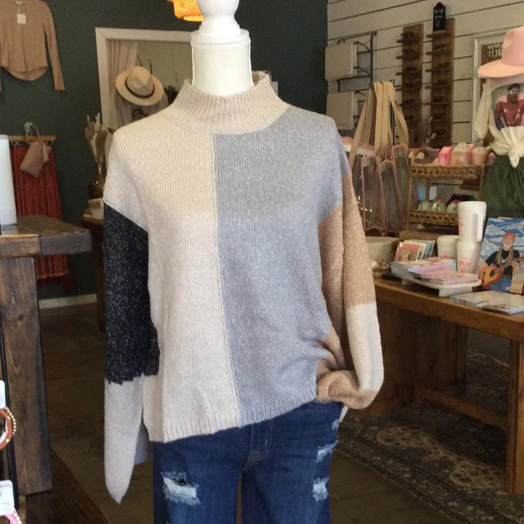 Neutral Color Block Turtleneck Sweater