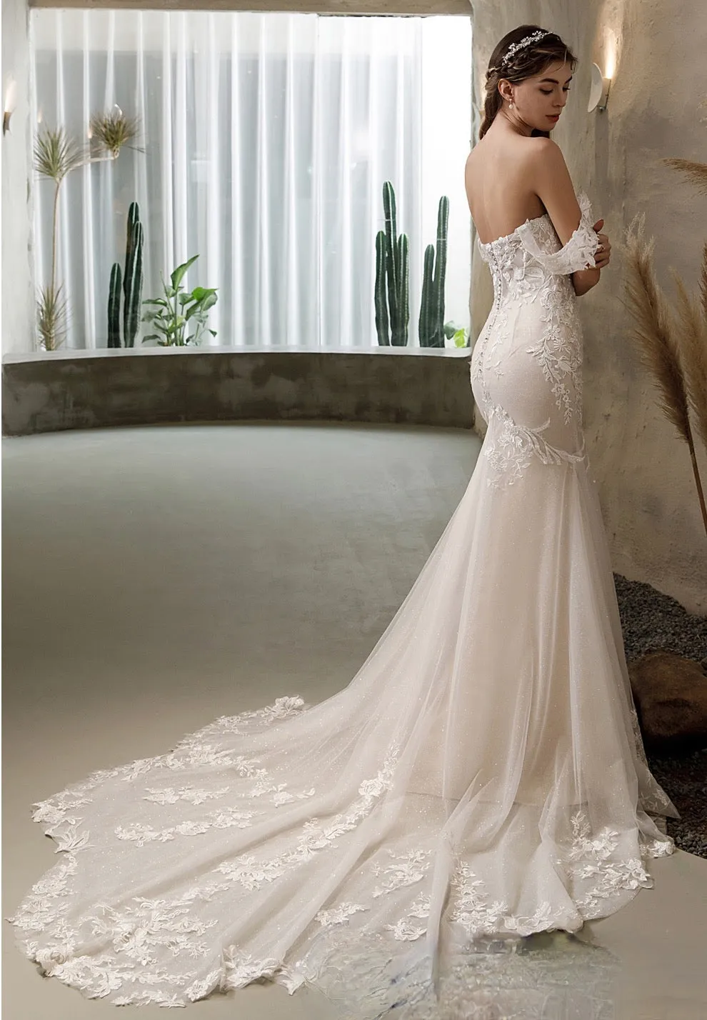 Off The Shoulder Mermaid Wedding Dress in Glitter Tulle With Open Back